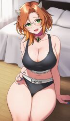 1girls ai_generated alicja_da_lontano bangs bare_shoulders bed black_panties black_sports_bra blacked blacked_clothing blue_nails blush bra breasts brown_hair choker cleavage clothes_writing collarbone cow_girl cow_horns curtains glasses green_eyes horns indie_virtual_youtuber indoors jewelry large_breasts looking_at_viewer medium_hair nail_polish navel on_bed open_mouth orange_hair panties parted_bangs pillow pink_choker rimless_eyewear ring round_eyewear short_hair sitting smile solo sports_bra stomach thighs underwear underwear_only virtual_youtuber wooden_floor workout_clothes