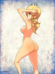 1girls ass blue_border breasts female female_only layerth mario_(series) naked nintendo nude princess_rosalina simple_background solo standing tagme