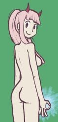 1girl ass blunt_bangs breasts completely_nude darling_in_the_franxx from_behind green_background hair_censor hair_over_breasts horns long_hair looking_at_viewer looking_back medium_breasts nude ok_sign pink_hair ponytail red_horns simple_background smile solo standing tagme_(artist) zero_two_(darling_in_the_franxx)