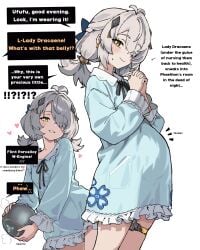 1girl 1girls ahoge artist_request blush cowboy_shot english_text fake_pregnancy female grey_hair heart heterochromia highres looking_at_viewer pajamas simple_background smile solo solo_female solo_focus sunbringer_(zenless_zone_zero) sweatdrop translated twintails white_background yellow_eyes zenless_zone_zero