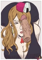 1girls ace_attorney angel_starr angry angry_expression angry_face artist_logo big_boobs big_breasts big_penis blonde_hair blue_eyes breasts capcom cleavage disembodied_penis earring flat_colors from_above gyakuten_saiban hair_over_one_eye hat hetero inminent_sex kneeling large_breasts large_penis one_eye_covered penis penis_on_face penis_rest penis_resting_on_face shindyne simple_background solo_focus veins veiny veiny_penis