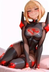 1girl ai_generated arm_support artist_name bangs blonde_hair blue_eyes blush bodysuit breasts cleavage cleavage_cutout clothing_cutout collarbone covered_collarbone dc_comics facial_mark hairband half-closed_eyes kara_zor-el leaning_to_the_side lip_biting looking_at_viewer medium_breasts my_adventures_with_superman nuageeart on_bed parted_lips seductive_smile sensitive short_hair simple_background sitting skindentation smile solo supergirl supergirl_(my_adventures_with_superman) superman_(series) thighhighs thighs white_background yokozuwari