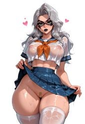 1girl ai_generated bandaid bandaid_on_pussy black_cat_(marvel) black_cat_(marvel_rivals) black_lips blue_skirt blush breasts carminroux clothes_lift covered_nipples crop_top domino_mask green_eyes grey_hair heart large_breasts lifted_by_self long_hair looking_at_viewer makeup marvel marvel_comics marvel_rivals mask neckerchief no_bra no_panties parted_lips pleated_skirt sailor_collar school_uniform see-through serafuku shirt short_sleeves simple_background skirt skirt_lift solo sweat thick_thighs thighhighs thighs wet wet_clothes wet_shirt white_background white_thighhighs wide_hips