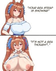 1girl 1girls animal_ears antenna_hair aspid blush bow bra_strap_is_showing_(meme) breasts brown_hair cleavage clothes_lift commentary covered_nipples daiwa_scarlet_(casual)_(umamusume) daiwa_scarlet_(umamusume) detached_sleeves english_commentary english_text hair_between_eyes hair_bow hair_intakes hair_ornament hand_on_own_hip highres horse_ears horse_girl large_breasts lifting_own_clothes long_hair meme nipples open_mouth red_bow red_eyes shirt simple_background skirt skirt_lift smile twintails umamusume very_long_hair white_background white_shirt