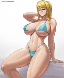 1girls big_breasts bikini blonde_hair blue_eyes cleavage female female_only frown hand_behind_head hi_res highres large_breasts looking_at_viewer metroid midriff navel nintendo ponytail samus_aran solo solo_female stern_expression superbusty swimsuit thick thick_thighs thighs tomboy voluptuous