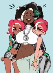 1boy 2girls :d agent_8_(octo_expansion) agent_8_(splatoon) ass big_ass big_breasts big_butt big_penis bisexual bisexual_female blush both_sexes_in_same_situation breasts color_edit colored curvy dark-skinned_female dark_skin eigaka female femboy femboy_on_female feminine_male girly hand_on_ass height_difference large_breasts larger_female male male_agent_8_(splatoon) marina_(octo_expansion) marina_(splatoon) midriff nintendo octoling octoling_boy octoling_girl otoko_no_ko penis sexual_tension smaller_female smaller_male smile splatoon splatoon_2 splatoon_2:_octo_expansion tall_female taller_female toned toned_female yuri