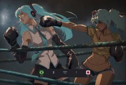2026 black_boxing_gloves boxing boxing_gloves boxing_ring brazilian brazilian_female brazilian_flag brazilian_miku green_hair hatsune_miku knocked_out national_personification punch serious serious_face vocaloid