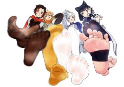 4girls artist_request black_hair blake_belladonna blonde_hair feet female foot_fetish foot_focus no_shoes pantyhose ruby_rose rwby smiling steam stirrup_legwear team_rwby toeless_legwear toes weiss_schnee yang_xiao_long
