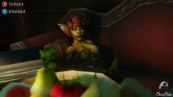 3d big_breasts blizzard_entertainment breasts brown_hair couch fondling_breast fruit goblin goblin_(warcraft) goblin_female green_eyes lipstick nude_female pregnant shortstack siosioart smile warcraft world_of_warcraft