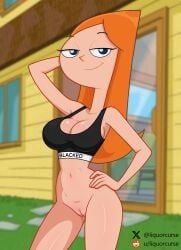 1girls ai_assisted ai_generated artist_name blacked blacked_clothing blue_eyes blurry_background bottomless breasts candace_flynn cleavage clitoris disney disney_channel disney_xd edit female female_focus female_only fit fit_female grok hand_behind_head hand_on_hip hi_res high_resolution highres large_breasts liquorcurse long_hair looking_at_viewer medium_breasts orange_hair phineas_and_ferb pose posing pussy red_hair redhead_female smile smiling smiling_at_viewer solo solo_female solo_focus sports_bra standing straight_hair thighs