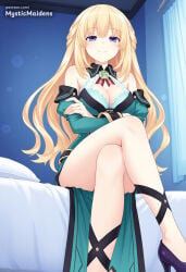 1girl ai_generated anime anime_style bare_shoulders bed blonde_hair blue_eyes blush braid breasts cleavage cpu_(neptunia) crossed_arms crossed_legs curtains detached_sleeves dress green_heart_(neptunia) hentai hi_res high_heels hyperdimension_neptunia indoors large_breasts long_hair looking_at_viewer mystic_maidens neptunia_(series) on_bed patreon patreon_username purple_eyes sitting smile solo vert vert_(neptunia)