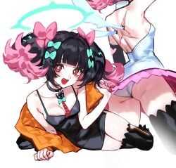 1girls 2026 2d angels_of_delusion ass bare_shoulders black_dress black_hair black_thighhighs breasts collar colored_inner_hair cute_fang detached_sleeves female female_focus female_only foolish_potato halo highres holding_hair jacket looking_at_viewer multicolored_hair multiple_poses multiple_views nangong_yu_(zenless_zone_zero) small_breasts smile smiling_at_viewer solo solo_female solo_focus tie twintails white_dress zenless_zone_zero
