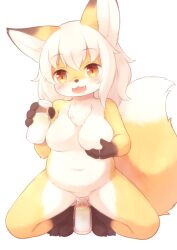 anthro bodily_fluids canid canine female fox genital_fluids hair kemono mammal matsuura milk peeing solo urine urine_in_container watersports white_hair