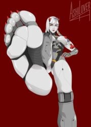 1girl 2d android anime_style ashilover44 bare_soles barefeet barefoot detailed_feet dominant dominant_female domination feet feet_fetish female foot_fetish foot_focus grey_armor horns large_breasts large_feet leaning_back legs_up long_hair mature_female mechanical mechanical_feet omnic overwatch plain_background pov presenting presenting_feet red_background red_eyes red_lipstick red_nails robot shion_(overwatch) skin sole_female soles soles_female soles_fetish solo spread_legs standing stepped_on stomping stomping_pov toenails toes white white_hair