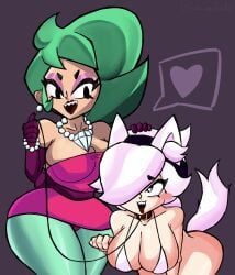 2girls animal_ears animal_tail ass bikini blushing brawl_stars butt clothed colette_(brawl_stars) collar diamond earrings fangs green_hair heart heart-shaped_pupils houvandie jewelry large_ass large_breasts lola_(brawl_stars) makeup multiple_girls no_panties partially_clothed petplay tail white_bikini white_hair