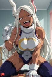 1girl abs ai_generated animal_ears artist_name bare_shoulders boku_no_hero_academia breasts covered_abs covered_navel crescent_print dark-skinned_female dark_skin fur_collar girl_on_top gloves hexogen highleg highleg_leotard indoorscouchsolo large_breasts leotard long_eyelashes long_hair looking_at_viewer mirko muscular muscular_female open_mouth parted_bangs patreon_username pov rabbit_ears rabbit_girl red_eyes sleeveless sleeveless_turtleneck sleeveless_turtleneck_leotard smile solo solo_focus straddling taut_leotard teeth thighhighs thighs tongue tongue_out turtleneck turtleneck_leotard very_long_hair white_gloves white_hair white_leotard