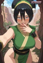 1girls ai_generated armwear artoonizer ass avatar_legends avatar_the_last_airbender belt big_ass big_breasts black_hair blind blush breasts dress female grey_eyes hairband headband kimono legs_together licking_finger licking_fingers light-skinned_female light_skin looking_at_viewer nickelodeon outdoors pale_eyes patreon patreon_username posing selfie solo solo_female solo_focus standing the_legend_of_aang thick_hips thick_thighs tongue tongue_out toph_bei_fong toph_beifong traditional_clothes wide_hips