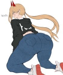 1girls ass ass_focus back back_view big_ass black_pants blonde_hair blue_pants bottomwear chainsaw_man clothing dat_ass demon demon_girl demon_horns demonkingdaemon english english_text female female_only footwear hair horns huge_ass jacket jeans looking_back on_knees pants pantylines power_(chainsaw_man) sharp_teeth shoes smile solo solo_female text text_on_clothing thighs topwear twintails white_background yellow_eyes
