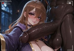 1boy 1girl ahoge ai_generated blurry blush breasts brown_eyes brown_hair choker cleavage clothed_female_nude_male dark-skinned_male dark_skin erection hetero huge_penis indoors interracial kono_subarashii_sekai_ni_shukufuku_wo! konosuba large_breasts large_penis long_hair looking_at_viewer nude parted_lips penis precum recording robe smile sweat testicles uncensored vantawaifu veins veiny_penis viewfinder witch wiz_(konosuba)