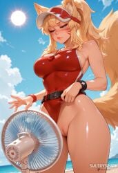 1girl 2xko ahri ai_generated animal_ear_fluff animal_ears artist_name bare_shoulders beach belt blonde_hair blue_eyes blue_sky blush breasts clothing_aside competition_swimsuit day electric_fan extra_ears facial_mark futarush half-closed_eyes highleg highleg_swimsuit large_breasts league_of_legends long_hair ocean one-piece_swimsuit outdoors patreon patreon_username ponytail pool_party_ahri pool_party_series pussy red_one-piece_swimsuit riot_games sky solo sultryspark summer sun swimsuit swimsuit_aside tail uncensored visor_cap whisker_markings whistle whistle_around_neck