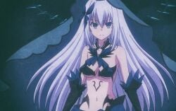 anime_girl anime_nose armpits ass_length_hair black_outfit blue_eyes bride_veil collarbone crown dark_blue_clothing dark_blue_eyes dark_outfit date_a_live empty_eyes fanservice hourglass_figured_female looking_at_viewer navel nearly_naked nearly_nude night night_sky scantily_clad scantly_dressed shoulders tobiichi_origami white_hair wide_hips