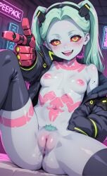 1girls ai_generated blush cyberpunk:_edgerunners green_eyes green_hair looking_at_viewer nude open-mouth_smile open_jacket pointing_at_viewer pubic_hair pussy rebecca_(edgerunners) red_pupils red_sclera small_breasts wet_pussy
