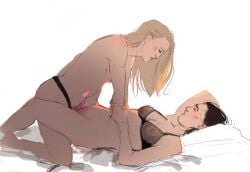 2girls arrowverse black_hair blonde_hair dc dc_comics female_only kara_danvers lena_luthor missionary missionary_position multiple_girls sangoundercover strap-on yuri