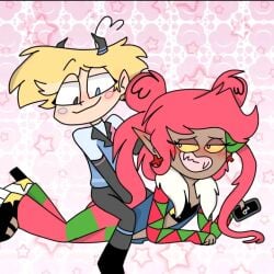 2girls blonde_hair blushing female flirting_look horns lesbian lesbian_domination original_character phone pigtails pink_hair short_hair sitting_on_another sitting_on_back sitting_on_person smile tiktok vampires_hell yuri