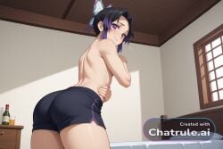 1boy 1girl ai_assisted ai_generated bed black_hair blush butterfly_hair_ornament cowboy_shot curvy_body demon_slayer drunk dutch_angle femboy gradient_hair hug hugging_from_behind indoors looking_at_viewer looking_back narrow_waist nervous_expression nervous_smile on_side penis_bulge purple_hair shinobu solo source_anime standing tight_shorts topless view_from_below wide_hips