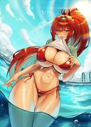 1girls abs big_breasts bikini breasts_bigger_than_head female_focus goddess_of_victory:_nikke hair_ornament long_hair ponytail rapi_(nikke) rapi_(red_hood)_(nikke) seductive seductive_look seductive_smile skimpy_bikini solo solo_female squigglesfc swimsuit teasing thick_thighs thunder_thighs toned toned_female wet wide_hips