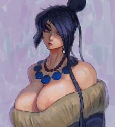 areola_slip areolae black_hair breasts cleavage davecavedraws dress exposed_shoulders female final_fantasy final_fantasy_x huge_breasts lulu_(final_fantasy) mole_under_mouth necklace purple_eyes square_enix