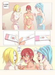 1girls 2futas abs bra bulge bulge_in_panties color comic dialogue female futa_with_female futa_with_futa futanari group lipstick mostly_nude panties pregnancy_test pregnant pregnant_female pregnant_futa shirt tagme text towel towel_on_head uselessbegging