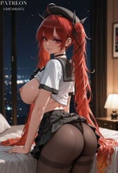 1girl ahoge ai_generated artist_name ass azur_lane bed bedroom beret black_choker black_clothes black_headwear black_legwear black_panties black_pantyhose black_ribbon black_sailor_collar black_skirt blurry_background blush breasts brown_pantyhose choker clothes_lift clothing copyright_name depth_of_field desk_lamp female from_behind grin hair_ribbon hat headwear honolulu_(azur_lane) honolulu_(umbrella_girl)_(azur_lane) indoors lace_trim lamp large_breasts legwear long_hair looking_at_viewer looking_back miniskirt night night_sky nipples no_bra official_alternate_costume on_bed panties panties_under_pantyhose pantsu pantyhose parted_lips pillow pleated_skirt red_eyes red_hair ribbon sailor_collar school_uniform serafuku shirt shirt_lift short_sleeves skirt skirt_lift sky smile solo thighband_pantyhose thighs thong twintails underwear uniform vantawaifu very_long_hair white_shirt window
