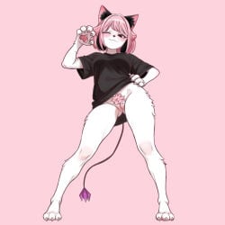 1girl anthro anthro_female artlongon black_ears black_eyes black_shirt bob_cut bottomless breasts cat_ears cat_girl demon_tail feline female female_genitalia female_only flower_(sadfloow) furry hand_gesture legs_spread lifted_shirt looking_at_viewer monster_girl no_panties oc one_eye_closed original_character pink_hair pink_inner_ears pubic_hair purple_tail pussy seductive_smile shirt shirt_lift short_hair solo standing t-shirt tail thick_thighs vagina white_body white_fur wide_hips wink
