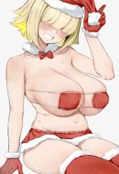 1girls big_breasts bikini_top blonde_hair blush bowtie breasts christmas_hat elegg_(nikke) esearu female female_only gloves goddess_of_victory:_nikke hair_over_eyes hi_res light-skinned_female light_skin long_bangs looking_at_viewer miniskirt red_gloves red_hat red_thighhighs sitting skirt smile solo teeth