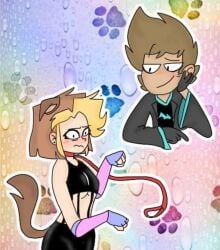 1boy1girl blushing blushing_female closed_fist collar dog_collar dog_ears dog_girl dog_tail female looking_at_another original_character paws pet petplay puppyplay short_hair short_top tight_clothing vampires_hell