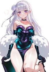 1girls 2026 2d blush blushing breasts choker dress elbow_gloves elf_ears elf_female elf_girl emilia_(re:zero) female female_focus female_only flower flower_hair_ornament flower_in_hair foolish_potato half-elf half-elf_female headwear purple_dress purple_eyes re:zero_kara_hajimeru_isekai_seikatsu silver_hair smile smiling smiling_at_viewer solo solo_female solo_focus white_hair