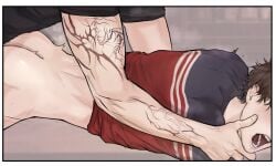 arm_tattoo ass auebumbum black_shirt brown_hair face_grab faceless_character faceless_male gay hand_holding_face male male/male male_only male_penetrated male_penetrating male_penetrating_male mouth_open red_hair tattoo_on_arm tattooed_arm yaoi