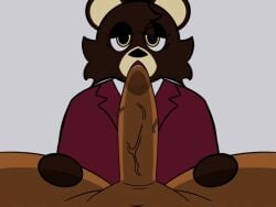 animated anthro bear blowjob brown_fur cheek_tuft dropout_bear eye_contact eyelashes femboy femboy_on_futa furry futanari good_ass_job_(album) hair_bun holding_thighs kanye_west_(copyright) late_registration_(album) looking_at_viewer oral pov sucking_penis suit yosoybonfie