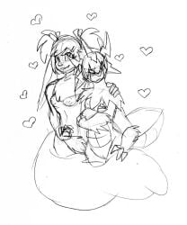 anthro breasts crossed_arms duo eevee female female/female generation_1_pokemon generation_5_pokemon genitals heart_symbol hi_res larvesta monochrome multi_arm multi_limb nat-cha nintendo pokemon pokemon_(species) pussy simple_background sketch tail twintails_(hairstyle)