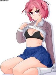 1female 1girls black_bra blue_skirt bra breasts chd172_(artist) chrisdorian chrisdorian17_(artist) clothes clothing doki_doki_literature_club female natsuki_(doki_doki_literature_club) pink_eyes pink_hair presenting_bra skirt solo