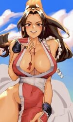 1girls 2d big_breasts breasts brown_eyes brown_hair busty cleavage fan_(object) fatal_fury female female_focus female_only hairy_pussy hourglass_figure king_of_fighters large_breasts long_hair mai_shiranui ninja ninja_girl ponytail pubic_hair snk standing tagme toastitos wide_hips