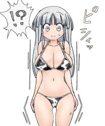 1girls big_breasts bikini breast_expansion cleavage cow_print cow_print_bikini expansion grey_eyes grey_hair light-skinned_female medium_ass mo_dame_kuuki navel tagme thin_waist wide_hips