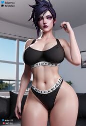 3d ai_generated blacked blacked_clothing blender clothed couch dreamcuc large_breasts league_of_legends looking_at_viewer morgana photoshoot pose posing solo solo_female