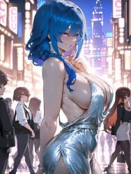 ai_generated althaean azur_lane city cleavage close-up elegant eyes_visible_through_hair halter_dress halterneck hand_in_hair high_heels highres large_breasts pink_hair pink_lipstick plunging_neckline revealing_clothes seductive seductive_look side_ponytail sideboob silver_jewelry st._louis_(azur_lane) st._louis_(luxurious_wheels)_(azur_lane) voluptuous voluptuous_female