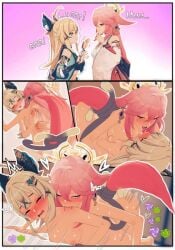 1futa cat_ears cat_tail catgirl female fox_ears fox_girl fox_tail futanari genshin_impact grabbing_tail kirara_(genshin_impact) kissing lluanhyperzero yae_miko