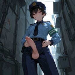 1girls ai_generated alley before_oral belt big_penis black_hair brown_eyes demanding demanding_blowjob erection female female_focus female_only from_below futanari hands_on_hips happy looking_at_viewer looking_down medium_breasts naughty_face original original_character outdoors penis police police_uniform policewoman pov proud smile smug solo solo_female standing testicles tie tomboy