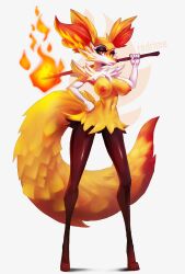 absurd_res anthro big_breasts braixen breasts female fire fox hi_res holding_object long_ears long_legs long_tail nintendo pokémon_(species) pokemon pokemon_(species) redrime simple_background small_waist solo tuft video_games white_background wide_hips