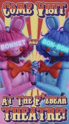 3d absurd_res advertisement alternate_version_at_source animatronic_female animatronic_male blender blue_skin bonbon_(fnaf) bonnet_(fnafsl) duo_focus five_nights_at_freddy's five_nights_at_freddy's:_sister_location jordevoir male_and_female_subs mishuyuu naked obscured_eyes pink_skin puppet_bonnie_(fnafsl) rabbit teasing