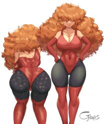 ass bare_shoulders big_hair bodysuit boots breasts cjhomics cosplay dark_skin elbow_gloves female from_behind gloves hair_over_eyes huge_ass large_breasts leaning leaning_forward leotard long_hair looking_at_viewer multiple_views orange_hair pantyhose powerpuff_girls sara_bellum sedusa sedusa_(cosplay) shiny shiny_clothes shiny_hair skin_tight smile solo thick_thighs thigh_boots very_long_hair